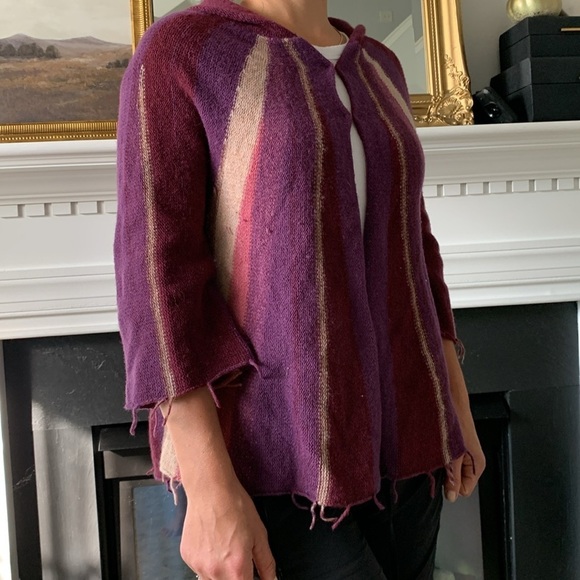 Free People Aztec Boho Fringe Open Wool Hooded Cardigan M festival cabin knit - Picture 7 of 12